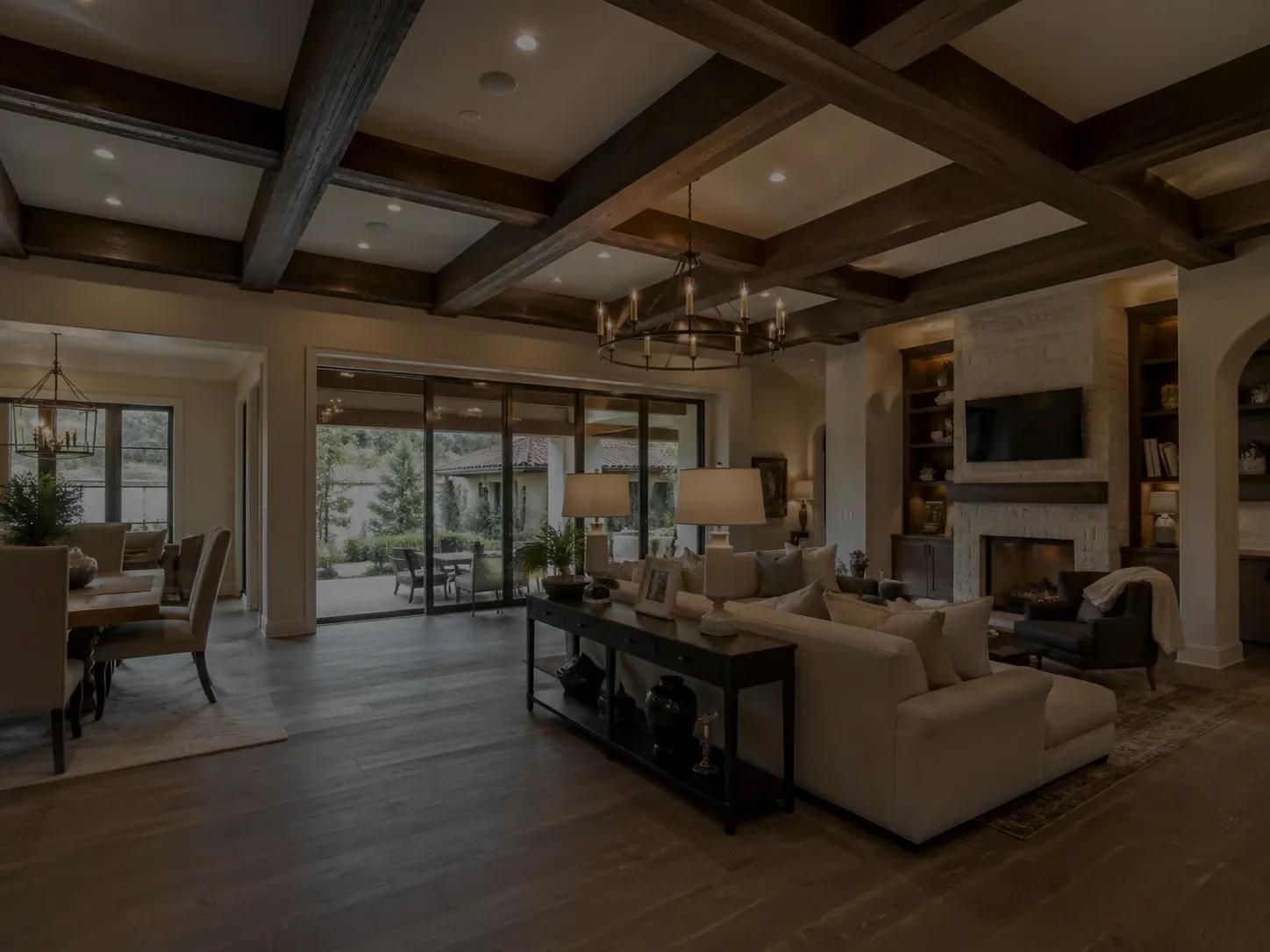 Dark wood box ceiling beams in a living room
