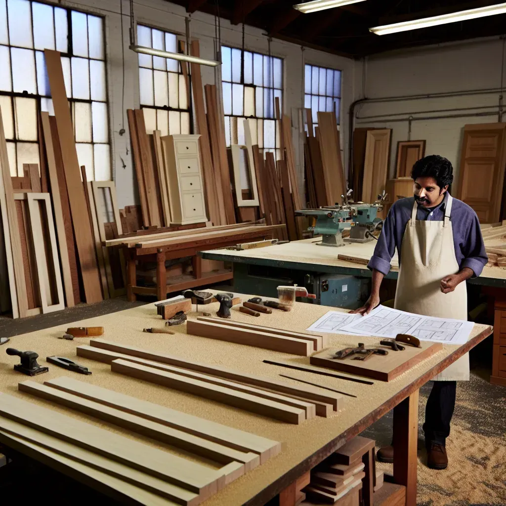 Woodworker checking plans beside milled boards on a shop workbench